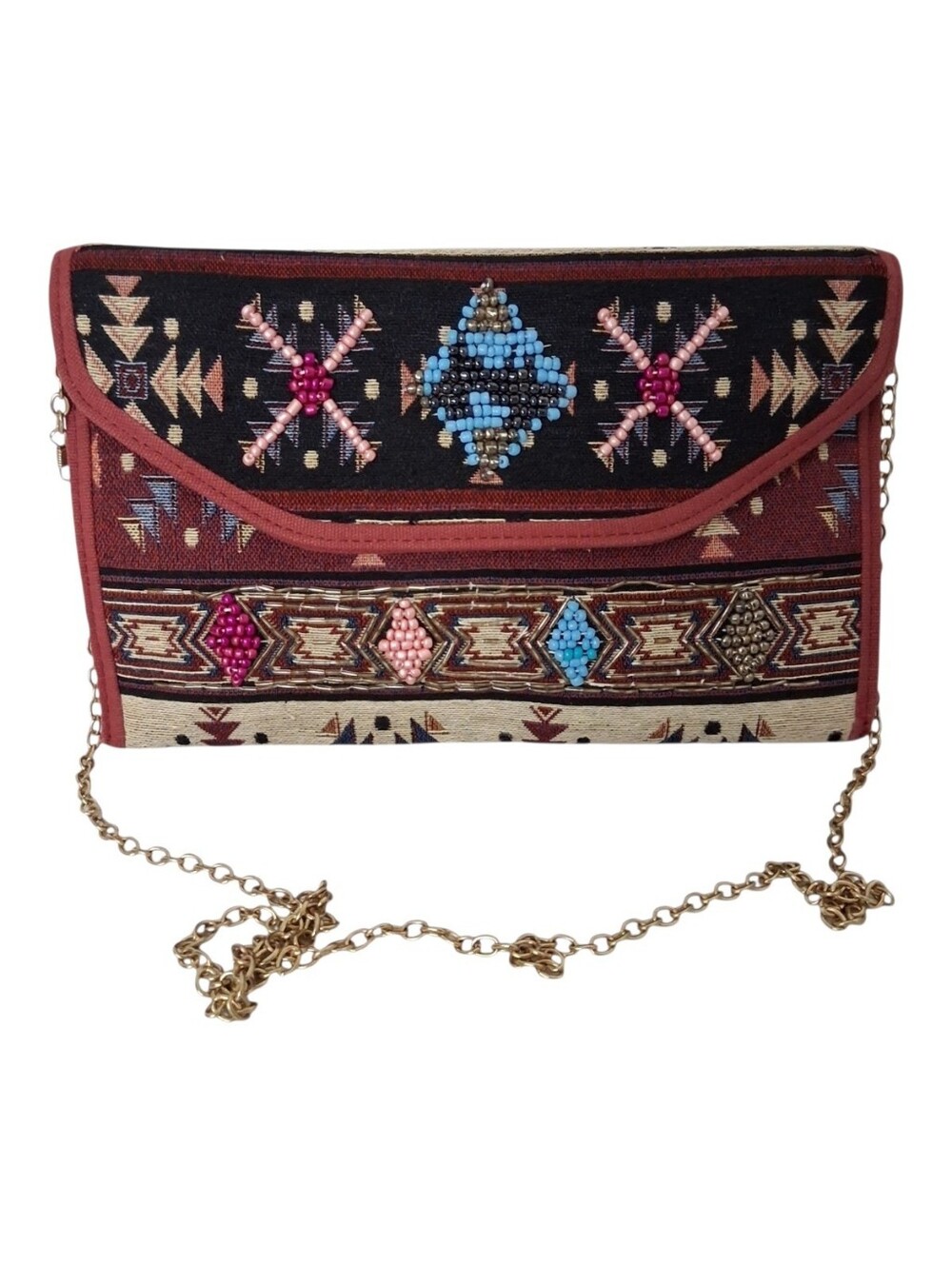 Bam Forever Bohemian Tribal Beaded Removable Chain Strap Clutch/Crossbody Bag